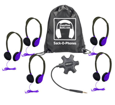 Galaxy Econo-Line Sack-O-Phones with 5 purple headphones, Starfish jackbox, and carry bag for bulk school use.